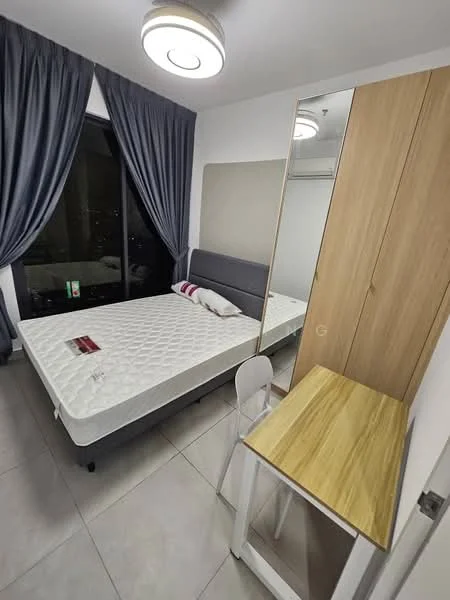 Bedroom features: queen-size bed, upholstered headboard, white bedding, floor-to-ceiling window, grey curtains, wooden wardrobe, study desk with chair, tile flooring, ceiling light fixture; style: modern; view: city.