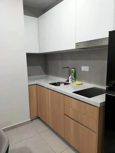 Kitchen features: white upper cabinets, light wood lower cabinets, white quartz countertop, single-bowl stainless-steel sink, chrome pull-down faucet, built-in induction cooktop, grey tile backsplash, ceramic tile flooring, recessed downlights, appliances including black fridge, cleaning supplies on countertop; style: modern.