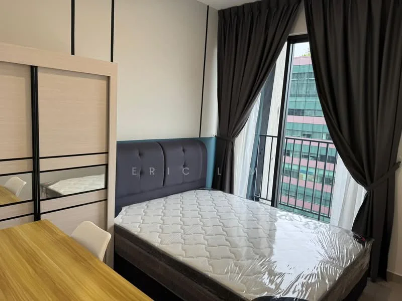 Bedroom features: queen-size bed with upholstered headboard, mattress with protective cover, floor-to-ceiling windows, blackout curtains, wooden flooring, study desk, white chair, mirror on wardrobe, balcony access, city view; style: modern; view: city.