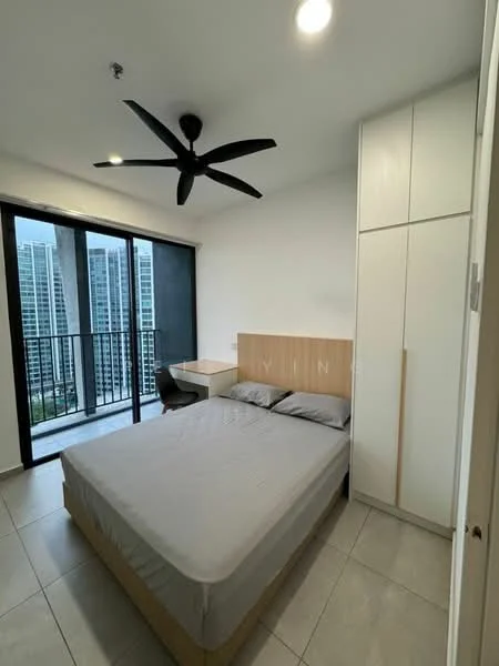Bedroom features: king-size bed, upholstered headboard, 2 bedside pillows, ceiling fan with light, desk with chair, built-in wardrobe, floor-to-ceiling windows, sliding glass door, grey bedding, tile flooring, white painted walls; style: modern; view: city.