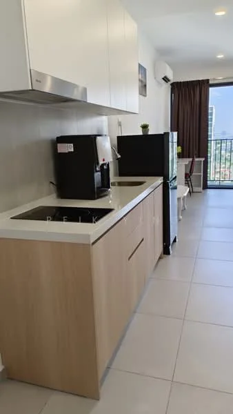 Kitchen features: white laminate cabinetry, light wood cabinetry, quartz countertop, single-bowl stainless-steel sink, chrome pull-down faucet, built-in oven, black refrigerator, black coffee machine, tile flooring, window with city view, recessed downlights, air conditioning unit, dining table with chairs; style: modern; view: city.