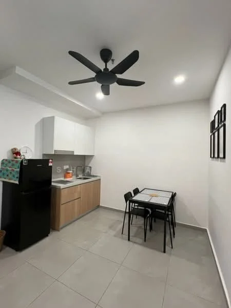 Kitchen features: black fridge, wood cabinetry, white upper cabinets, grey tiled flooring, black ceiling fan with light, recessed LED downlights, kitchen sink, countertop, dining table with four chairs; style: modern.