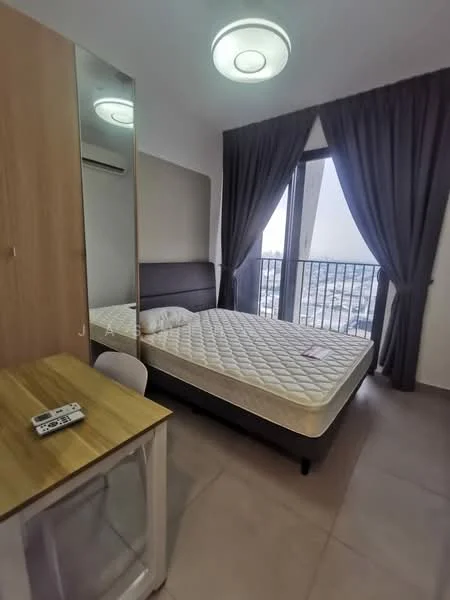 Bedroom features: queen-size bed, upholstered headboard, floor-to-ceiling window, curtains, wooden wardrobe, study desk, chair, ceiling light fixture, tile flooring, decorative wall panel, remote control on desk; style: modern; view: city.
