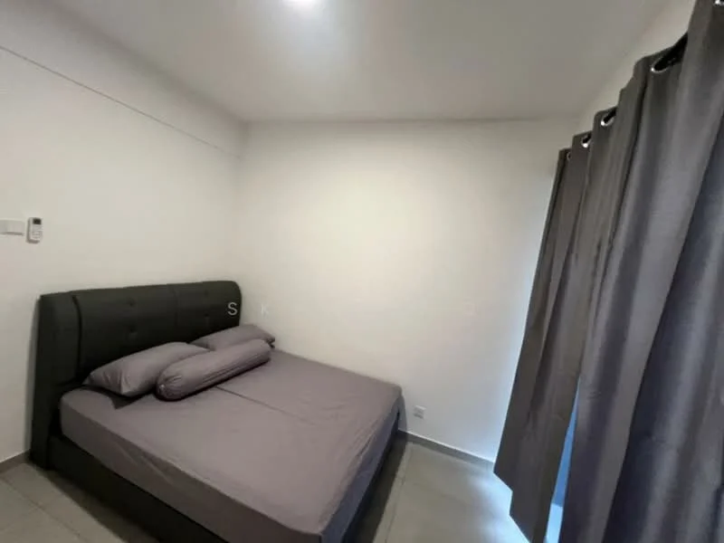 Bedroom features: queen-size bed with grey bedding, upholstered headboard, grey curtains, white painted walls, tile flooring, recessed ceiling lights; style: modern.