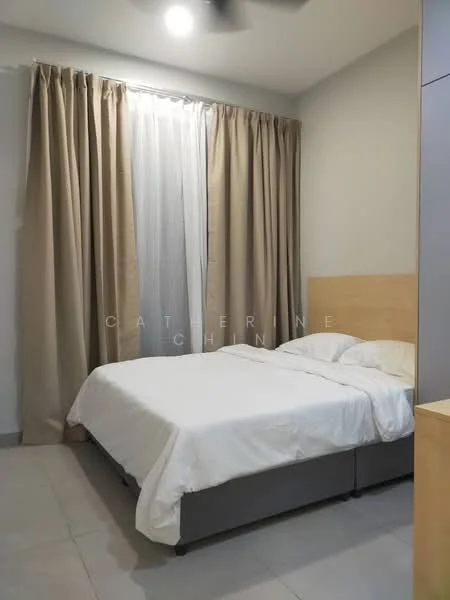 Bedroom features: queen-size bed, upholstered headboard, white bedding, floor-to-ceiling window, sheer curtains, beige blackout curtains, light grey walls, ceiling fan, tile flooring, built-in wardrobe; style: modern.