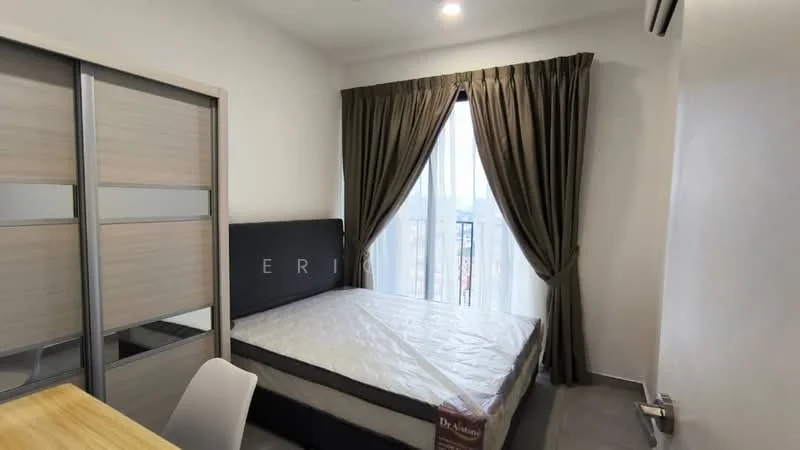 Bedroom features: queen-size bed, upholstered headboard, floor-to-ceiling window, sheer curtains, dark brown curtains, grey wall, light grey flooring, built-in wardrobe with sliding doors, desk with chair, air conditioning unit; style: modern; view: city.