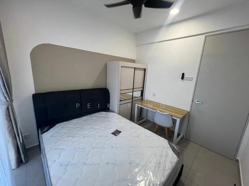 Bedroom features: queen-size bed, upholstered headboard, study desk, white chair, built-in wardrobe, grey accent wall, light grey floor tiles, ceiling fan, window with curtain, door, wall-mounted intercom; style: modern.