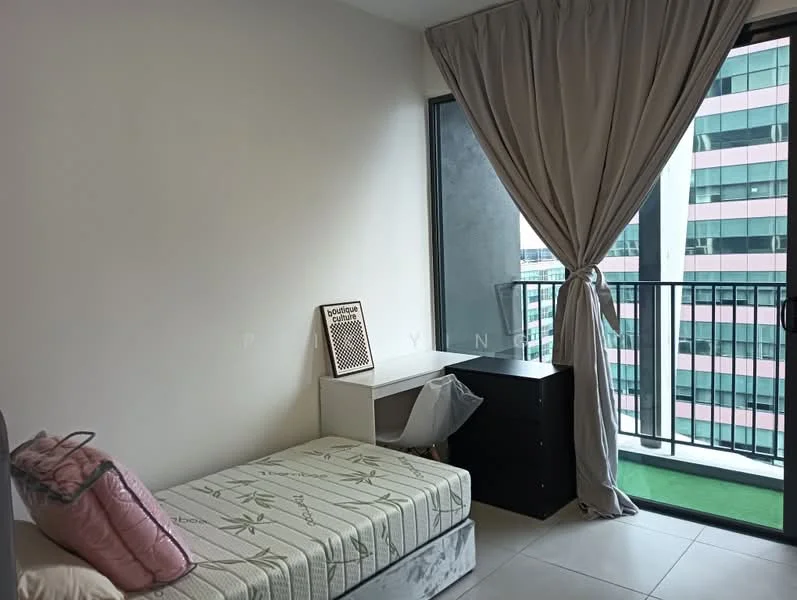 Bedroom features: single bed with mattress, light grey bed frame, white painted walls, floor-to-ceiling windows, curtains in light beige, black dresser, white bedside table, green balcony flooring, decorative artwork on wall; style: modern; view: city.