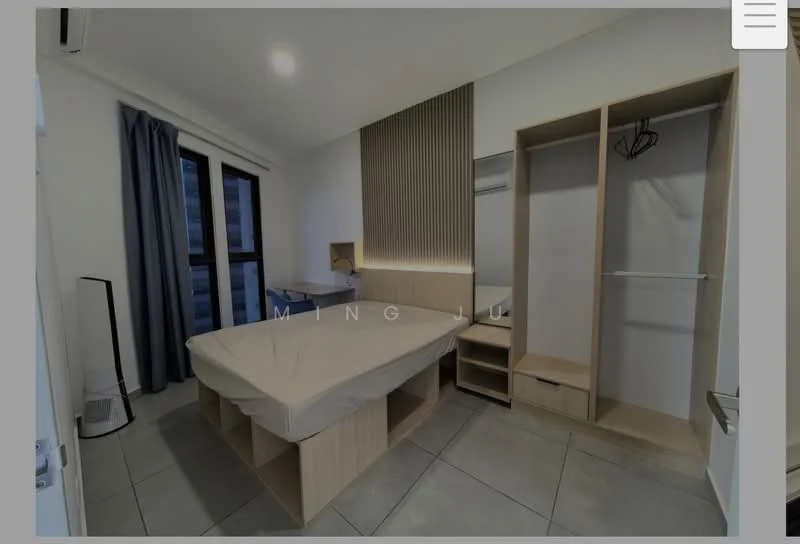 Bedroom features: queen-size bed with mattress, light wood platform bed frame, built-in wardrobe with sliding doors, open shelving unit, nightstand with drawer, desk with integrated lighting, grey curtains, floor-to-ceiling windows, tile flooring, recessed lighting, wood accent wall; style: modern; view: city.
