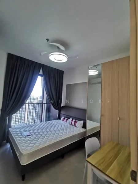Bedroom features: queen-size bed, upholstered headboard, bedding with decorative pillows, floor-to-ceiling window, curtains, ceiling fan with integrated LED light, built-in wardrobe with sliding mirror doors, study desk, chair, light-colored walls, laminate flooring; style: modern; view: city.