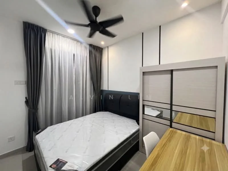 Bedroom features: queen-size bed, upholstered headboard, bedside table, study desk with wooden surface, white chair, floor-to-ceiling window with sheer curtains, grey curtains, ceiling fan with light, wall-mounted storage unit, light-colored wall with black accents, tile flooring; style: modern.
