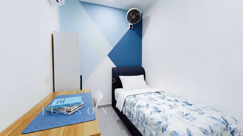 Bedroom features: single bed with white bedding, upholstered headboard in dark blue, wooden desk with blue table mat, wall-mounted ceiling fan, light grey walls with blue accent wall, sliding wardrobe, polished tile flooring, window with natural light; style: modern.