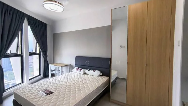 Bedroom features: queen-size bed, upholstered headboard, built-in wardrobe with mirrored doors, grey accent wall, white painted walls, floor-to-ceiling windows, curtains, small study table, tile flooring, city view; style: modern; view: city.