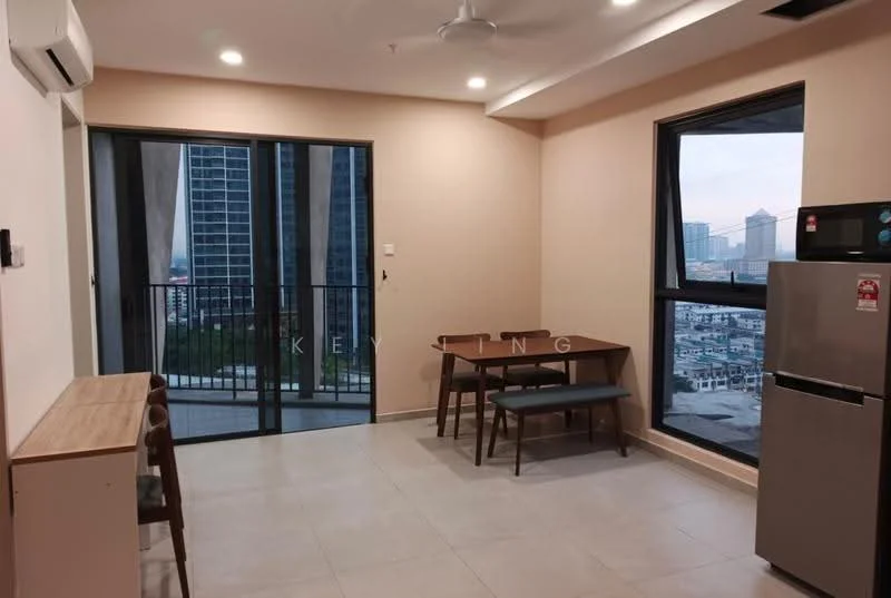 Dining features: dining table with four chairs, refrigerator, wooden sideboard, floor-to-ceiling windows, grey tiled flooring, white painted walls, ceiling fan, balcony access, city view; style: modern; view: city.