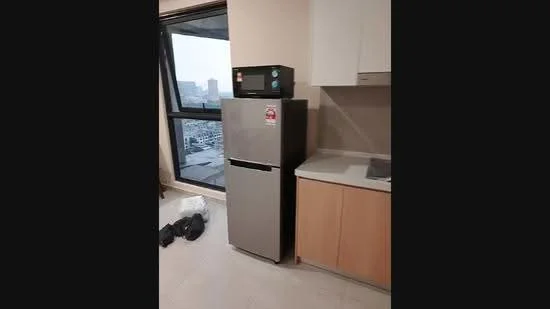 Kitchen features: stainless-steel fridge, built-in microwave, light wood cabinetry, grey countertop, floor-to-ceiling window, white walls, tile flooring, kitchen sink, stove top; style: modern; view: city.