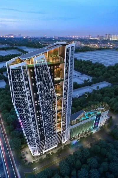 Exterior type: high-rise condominium; features: glass curtain wall, projecting balconies, feature lighting at night, infinity pool, landscaped garden, manicured lawn, surrounded by mature greenery, modern architectural design; style: modern.