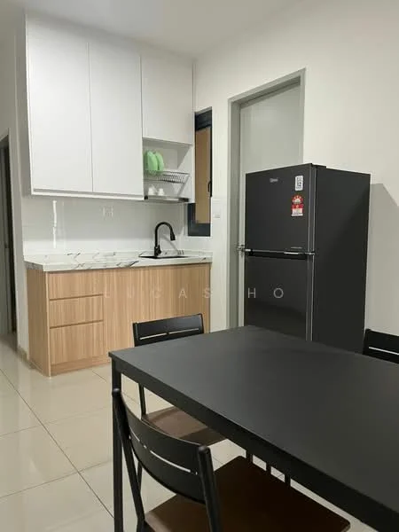Kitchen features: white upper cabinets, wood lower cabinets, marble countertop, single-bowl stainless-steel sink, chrome pull-down faucet, built-in refrigerator in black, ceramic tile flooring, wall-mounted shelves, window with view, dining table with black surface, black dining chairs; style: modern.