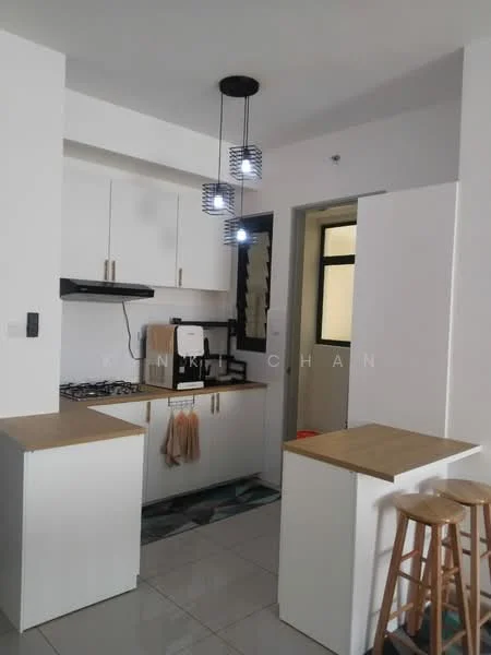 Kitchen features: white cabinetry, wood countertop, stainless-steel sink, chrome pull-down faucet, built-in gas stove, black range hood, pendant lighting, tile flooring, open layout, bar stools, window with natural light; style: modern.