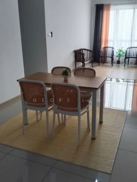 Dining features: wooden dining table, 3 dining chairs with woven backs, decorative plant on table, light-colored area rug, glossy tile flooring, large windows with sheer curtains, natural light, neutral wall color; style: modern. Living features: 2 wooden chairs, potted plant, large window with sheer curtains; style: modern.