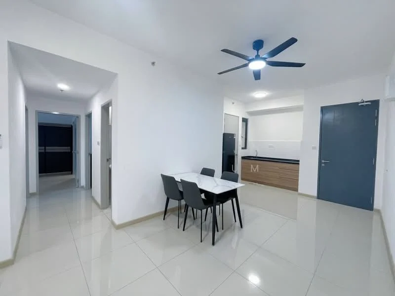 Dining features: white painted walls, glossy tile flooring, 4-seater dining table, black dining chairs, ceiling fan with light, open layout to kitchen, doorway to hallway, doorway to kitchen; style: modern. Kitchen features: wood cabinetry, black appliances, countertop with backsplash, refrigerator, built-in oven, sink, open layout to dining, light fixtures; style: modern. Hallway features: white painted walls, glossy tile flooring, doorway to dining, doorway to other rooms; style: modern.