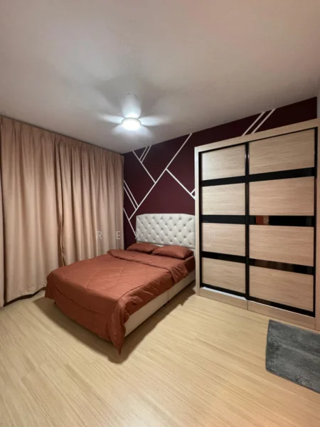 Bedroom features: queen-size bed with upholstered headboard, brown bedding, wooden flooring, maroon accent wall with geometric pattern, light beige curtains, sliding wardrobe with glass panels, ceiling light fixture, area rug; style: modern.