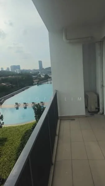 Room features: balcony, tile flooring, glass railing, view of swimming pool, view of city skyline, air conditioning unit; style: modern; view: pool.