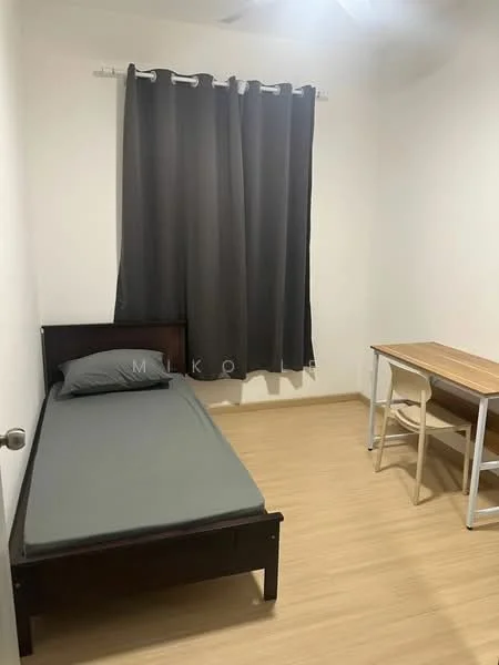 Bedroom features: single bed with dark wood frame, grey mattress, light wood flooring, white painted walls, dark grey curtains, study desk with light wood top and white legs, chair with white frame, ceiling fan; style: minimalist.