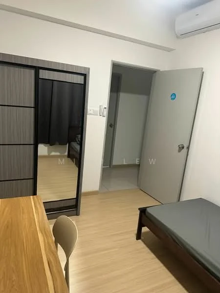 Room features: wooden flooring, grey accent wall, built-in wardrobe with sliding doors, single bed with grey bedding, study desk with wooden surface, chair, air conditioning unit on wall, blackout curtains, door leading to another room; style: modern.
