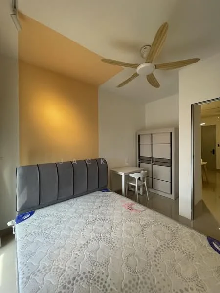 Bedroom features: queen-size bed, upholstered headboard, 5-blade ceiling fan, light-colored walls, accent wall in orange, glossy tile flooring, built-in wardrobe, small dining table with chairs; style: modern.