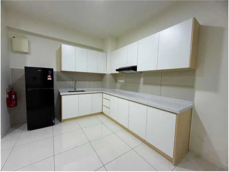 Kitchen features: white cabinetry with flat-panel doors, grey countertop, single-bowl stainless-steel sink, chrome pull-down faucet, black fridge, built-in range hood, ceramic tile flooring, fire extinguisher mounted on wall, wall-mounted air conditioning unit, neutral wall tiles; style: modern.
