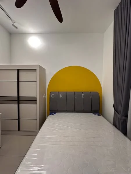 Bedroom features: grey upholstered headboard, single bed with mattress, built-in wardrobe with sliding doors, yellow accent wall, white painted walls, grey curtains, ceiling light, tile flooring; style: modern.