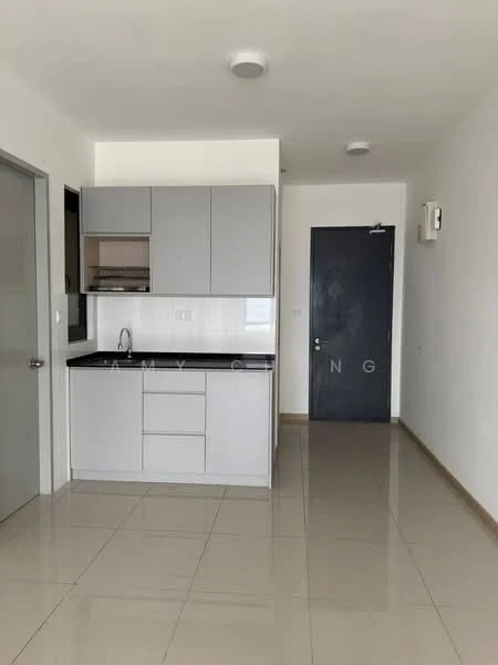 Kitchen features: grey cabinetry, black countertop, single-bowl stainless-steel sink, chrome pull-down faucet, ceramic tile flooring, white walls, recessed downlights, open layout; style: modern. Room features: white walls, ceramic tile flooring, door to hallway, air conditioning unit.