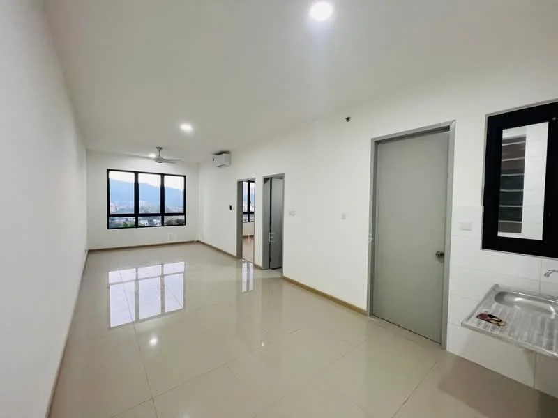 Living features: white painted walls, glossy ceramic tile flooring, 5-blade ceiling fan with light, floor-to-ceiling windows, mountain view, recessed downlights, sliding door, built-in kitchenette with stainless-steel sink; style: modern; view: mountain.