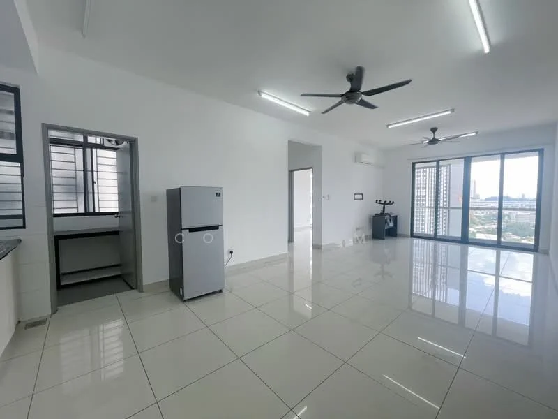 Living features: white painted walls, glossy ceramic tile flooring, 2 ceiling fans, large floor-to-ceiling windows, sliding glass door, city view, refrigerator, open layout, air conditioning unit, exercise equipment; style: modern; view: city. Kitchen features: white cabinetry, granite countertop, stainless-steel sink, built-in cabinets, open shelving; style: modern.
