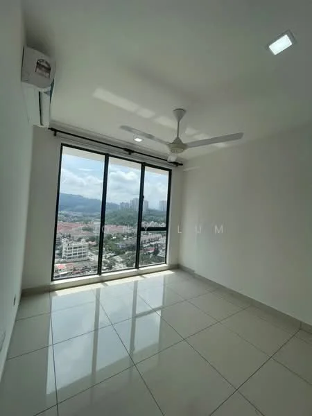 Room features: floor-to-ceiling windows, white painted walls, polished ceramic tile flooring, 5-blade ceiling fan with light, wall-mounted split AC, city view; style: modern; view: city.