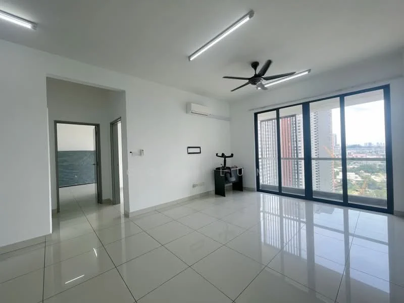 Living features: white painted walls, glossy ceramic tile flooring, 5-blade ceiling fan with light, floor-to-ceiling windows, city view, air conditioning unit, sliding glass door, recessed LED downlights; style: modern; view: city. Room features: white painted walls, glossy ceramic tile flooring, doorway leading to another room.