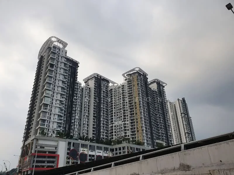 Exterior type: high-rise condominium; features: glass curtain wall, white painted facade, recessed balconies, multiple storeys, modern architectural design, landscaped podium, parking area at ground level; style: modern.