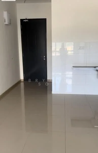 Room features: white painted walls, glossy ceramic tile flooring, black door, wall-mounted air conditioning unit, kitchen countertop, window with natural light; style: modern.