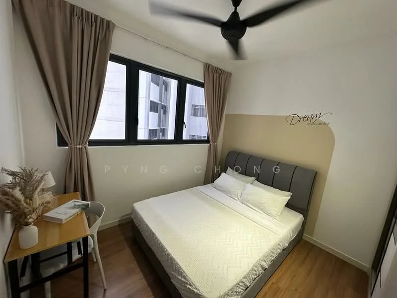 Bedroom features: queen-size bed, upholstered headboard, white bedding, wooden flooring, ceiling fan, two windows with black frames, beige curtains, small bedside table, decorative plant in ceramic pot, wall-mounted artwork; style: modern.