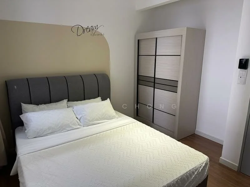 Bedroom features: queen-size bed with upholstered headboard, white bedding, light wood wardrobe with sliding doors, wooden flooring, decorative wall with text, wall-mounted light switch, neutral wall color, window with natural light; style: modern.