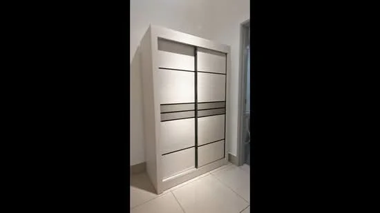 Room features: built-in wardrobe, sliding doors, light wood finish, horizontal paneling, minimalist design, floor-to-ceiling height, neutral color, ceramic tile flooring; style: modern.