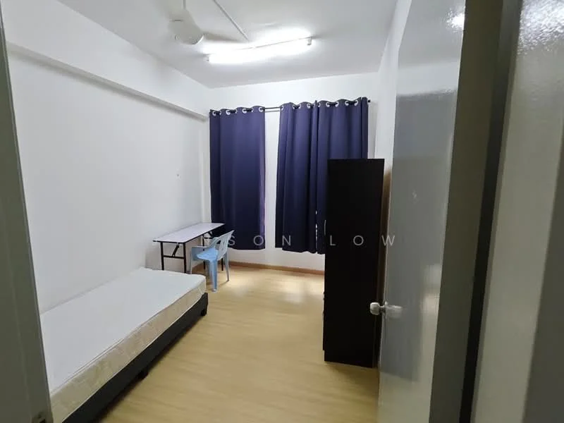 Bedroom features: single bed frame without mattress, wooden flooring, white painted walls, dark blue curtains, study desk with blue chair, black wardrobe, ceiling light, wall-mounted fan; style: modern.