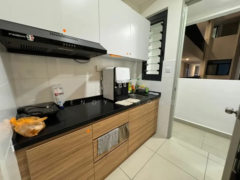 Kitchen features: white cabinets with flat-panel design, wooden cabinetry with natural finish, black countertop, stainless-steel range hood, built-in water dispenser, ceramic tile flooring, white tiled backsplash, single-bowl stainless-steel sink, chrome pull-down faucet, kitchen towel hanging, appliances visible on countertop; style: modern.