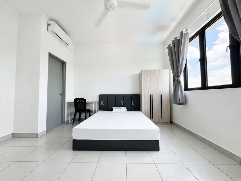 Bedroom features: white painted walls, grey tiled flooring, 5-blade ceiling fan, floor-to-ceiling windows, black upholstered bed frame, white mattress, wooden wardrobe with two doors, black chair, curtains, air conditioning unit; style: modern; view: city.