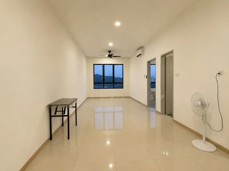 Living features: white painted walls, glossy ceramic tile flooring, 5-blade ceiling fan with light, floor-to-ceiling windows, mountain view, air conditioning unit, wall-mounted electrical outlet, standing fan; style: modern; view: mountain.