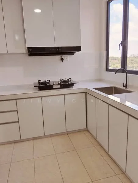 Kitchen features: white glossy cabinetry, granite countertop, single-bowl stainless-steel sink, chrome pull-down faucet, built-in gas hob with two burners, wall-mounted range hood, tile backsplash, large window with view, cream-colored tile flooring; style: modern; view: garden.
