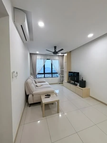 Living features: 3-seater fabric sofa in white, coffee table, TV console, wall-mounted TV, floor-to-ceiling windows, sheer curtains, recessed LED downlights, 5-blade ceiling fan with light, cream painted walls, glossy tile flooring, air conditioning unit; style: modern; view: city.