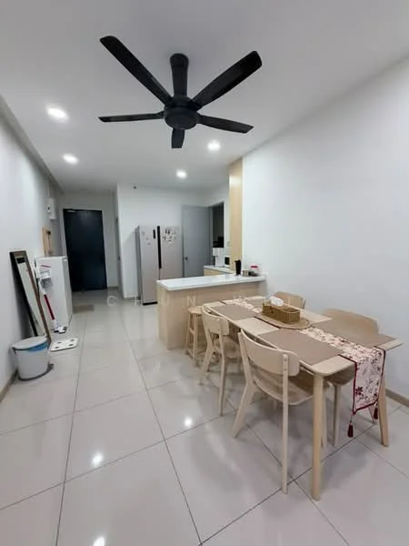 Dining features: 4-seater dining table, wooden dining chairs, pendant light, 5-blade ceiling fan in black, white painted walls, tile flooring, kitchen island with countertop, stainless-steel fridge, built-in cabinets, open layout to kitchen, decorative table runner; style: modern. Kitchen features: stainless-steel side-by-side fridge, built-in oven, ceramic cooktop, white cabinetry, black countertop, kitchen island, sink, microwave, tile backsplash; style: modern.