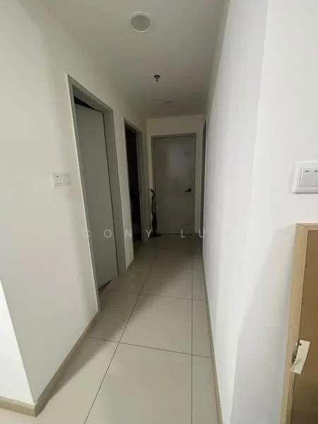 Hallway features: white painted walls, tile flooring, ceiling lights, door to room on the left, door to room on the right, door to room at the end, neutral color scheme, no visible decor; style: modern.