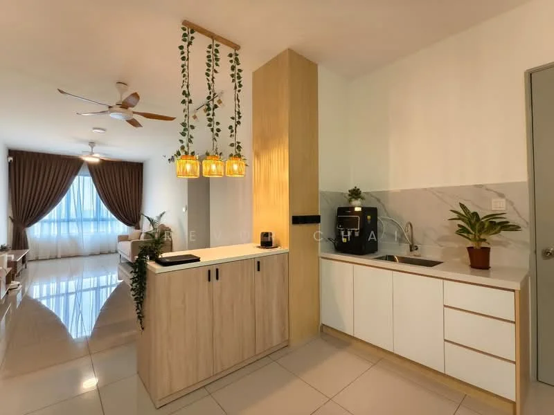 Kitchen features: white cabinetry, wooden cabinetry, marble backsplash, stainless-steel sink, chrome pull-down faucet, built-in coffee machine, countertop with overhang, hanging pendant lights, plant decoration, open shelving, tile flooring, recessed downlights, 5-blade ceiling fan; style: modern. Living features: large windows with sheer curtains, brown curtains, sofa, coffee table, area rug, ceiling fan, decorative plants; style: modern.